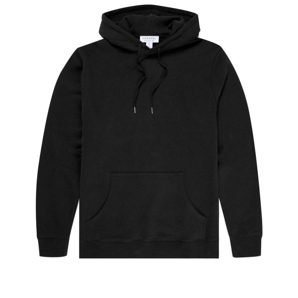 Sunspel Cotton Loopback Overhead Pullover Hooded Sweatshirt (Black)