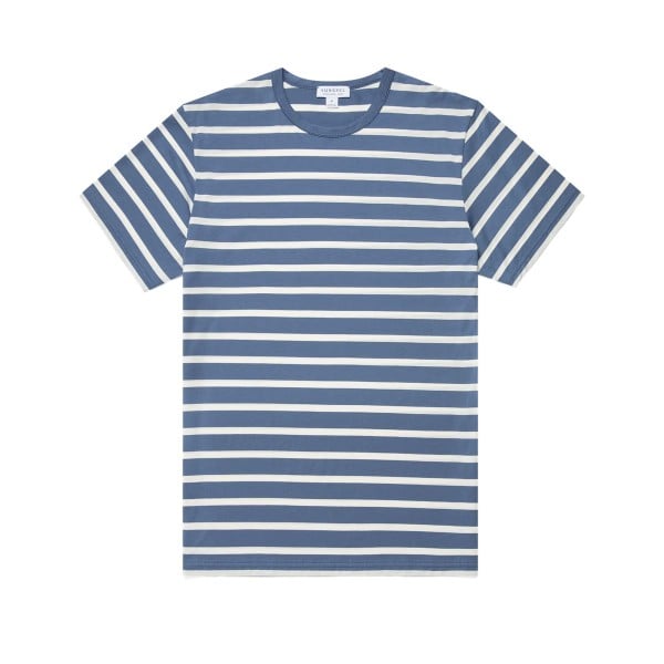 Sunspel Striped Crew Neck Classic T-Shirt (Bluestone/Ecru Breton Stripe)