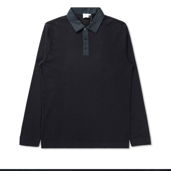 Sunspel Woven Collar & Placket Long Sleeve Polo Shirt (Black)