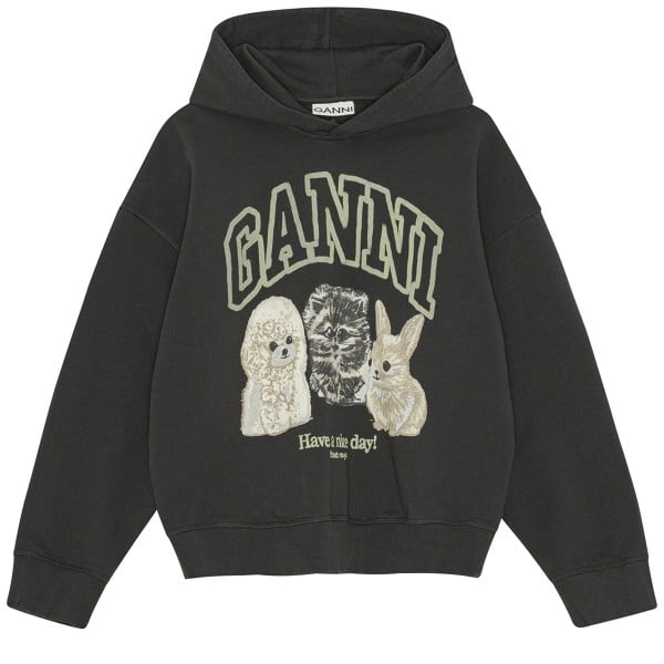 GANNI Isoli Oversize Animals Crop Pullover Hooded Sweatshirt (Phantom)