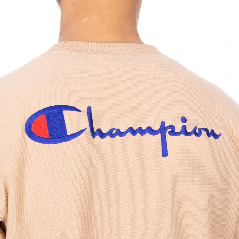 Champion Reverse Weave Script Logo Back Crew Neck Sweatshirt Beige