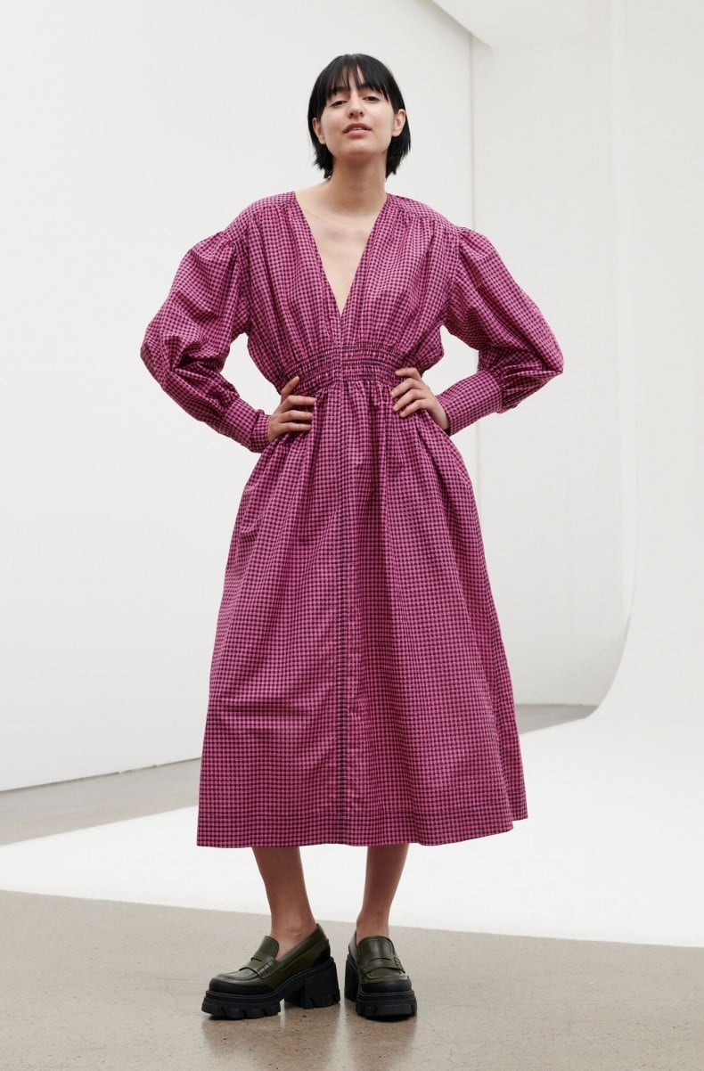 GANNI Seersucker Check V neck Gathered Midi Dress Carmine Rose